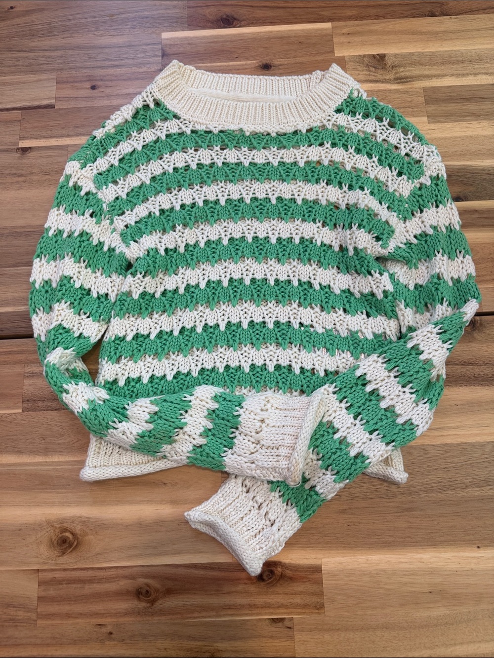 Noisy May Green and Cream Striped Crochet Knit Sweater
